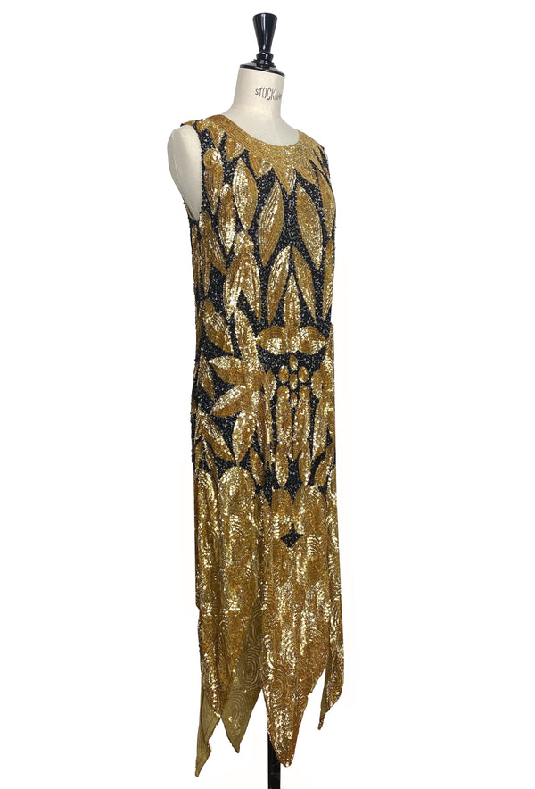 1920s Beaded Flapper Fringe Party Evening Dress- The Viceroy - Black Gold