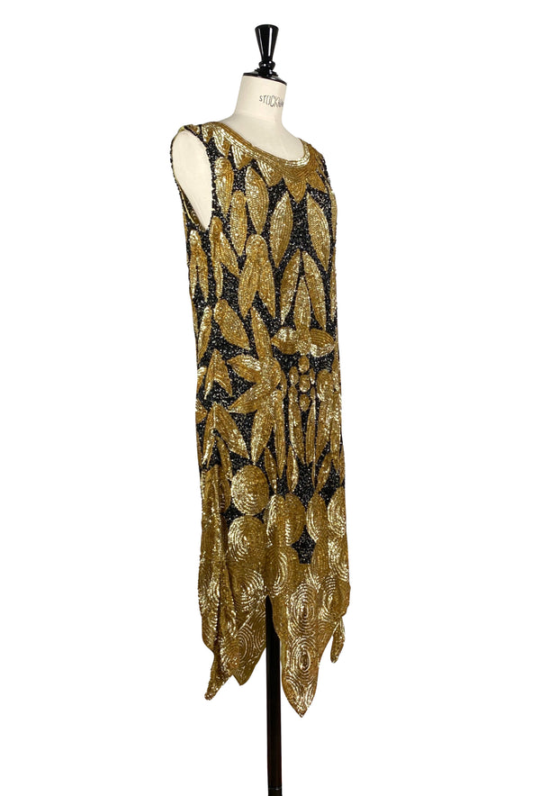 1920s Beaded Flapper Fringe Party Evening Dress- The Viceroy - Black Gold