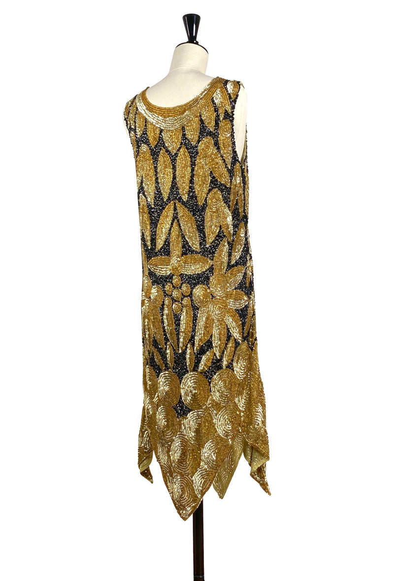 1920s Beaded Flapper Fringe Party Evening Dress- The Viceroy - Black Gold