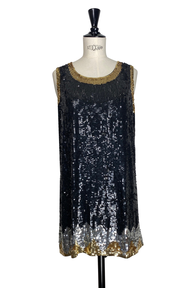 1920s Beaded Sequin Baby Doll Dress - Deco Shimmer - Black Silver Gold