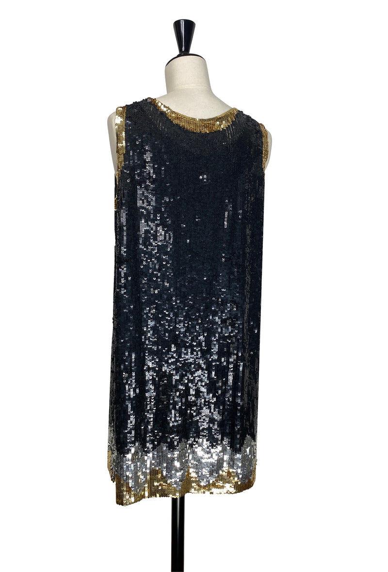 1920s Beaded Sequin Baby Doll Dress - Deco Shimmer - Black Silver Gold