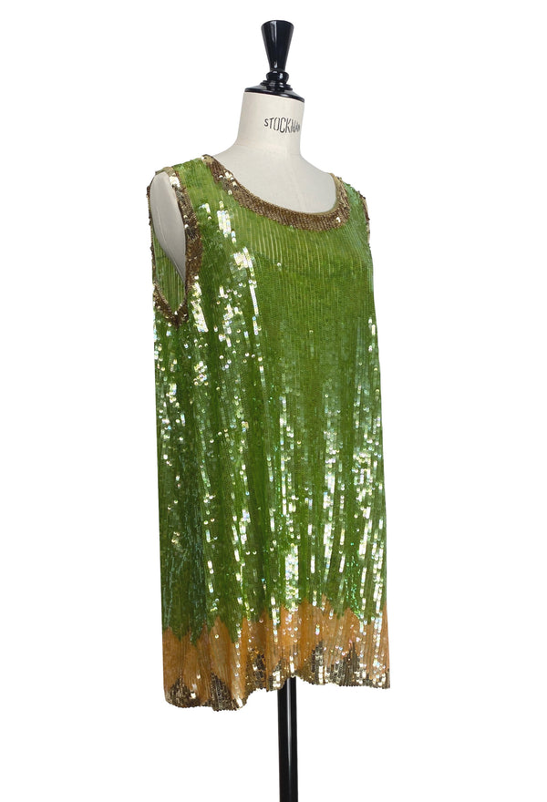 1920s Beaded Sequin Baby Doll Dress - Deco Shimmer - Nile Green Gold