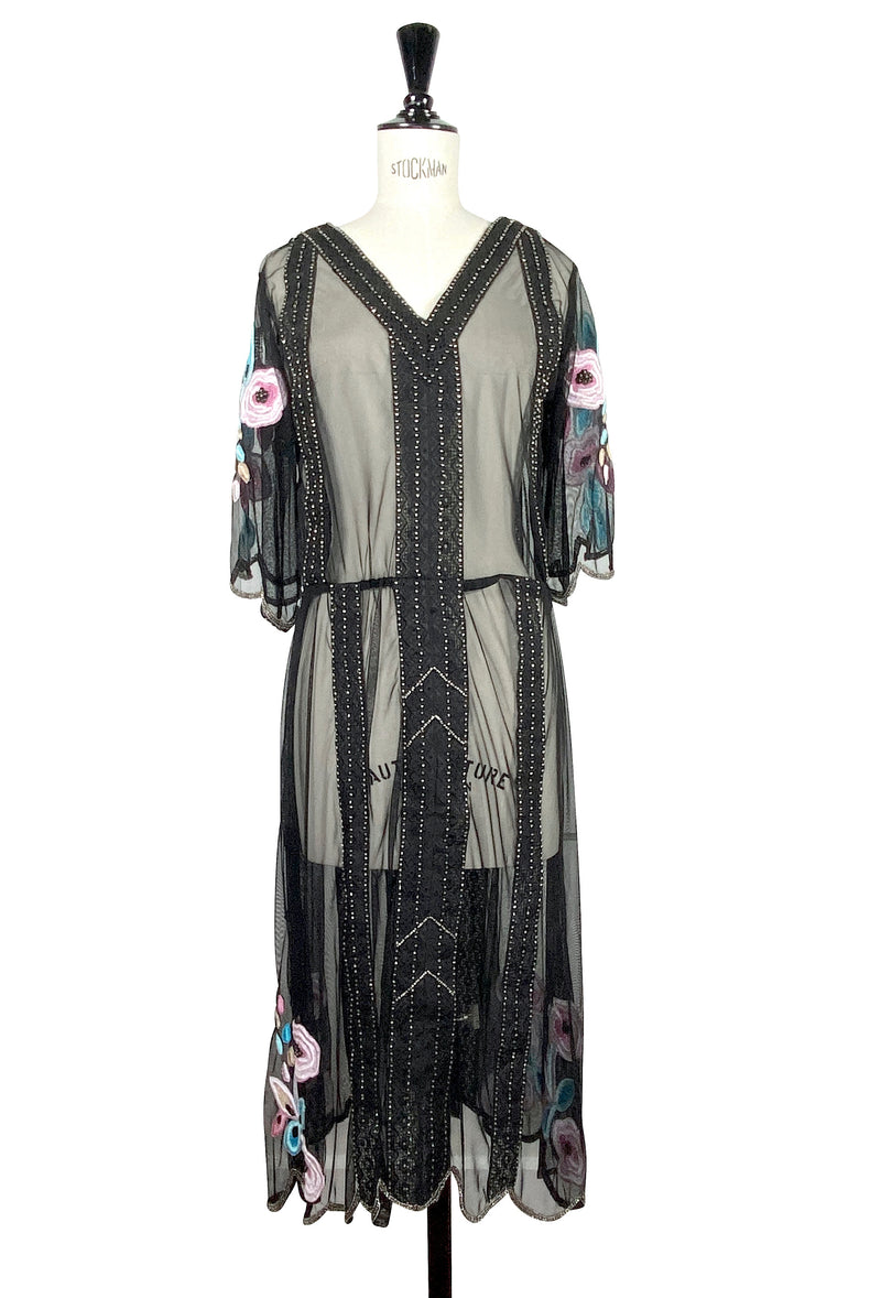 1930s Style Vintage Tulle Embroidered Beaded Dress - Le Jardin - Black