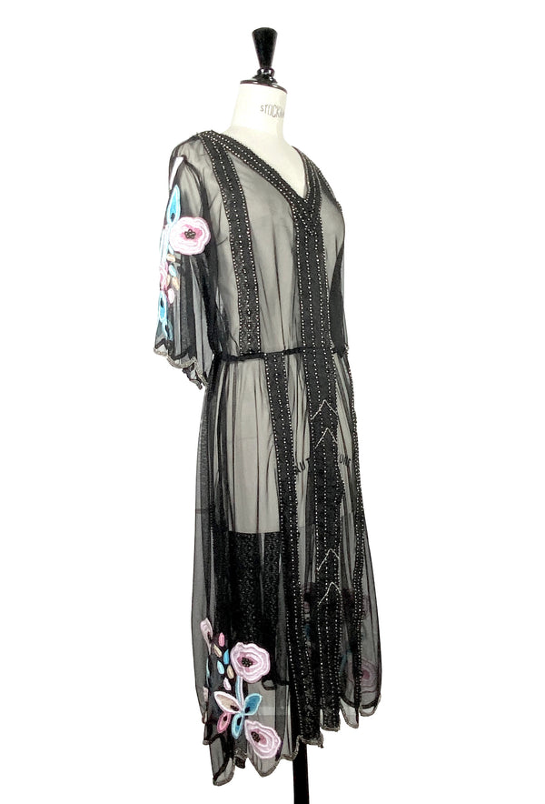 1930s Style Vintage Tulle Embroidered Beaded Dress - Le Jardin - Black