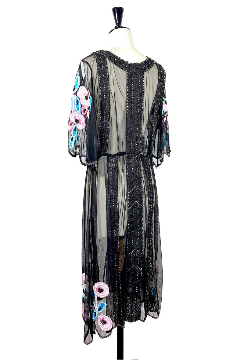 1930s Style Vintage Tulle Embroidered Beaded Dress - Le Jardin - Black