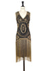 Sleeveless flapper dress in dark fabric with gold beaded embroidery and fringe hem