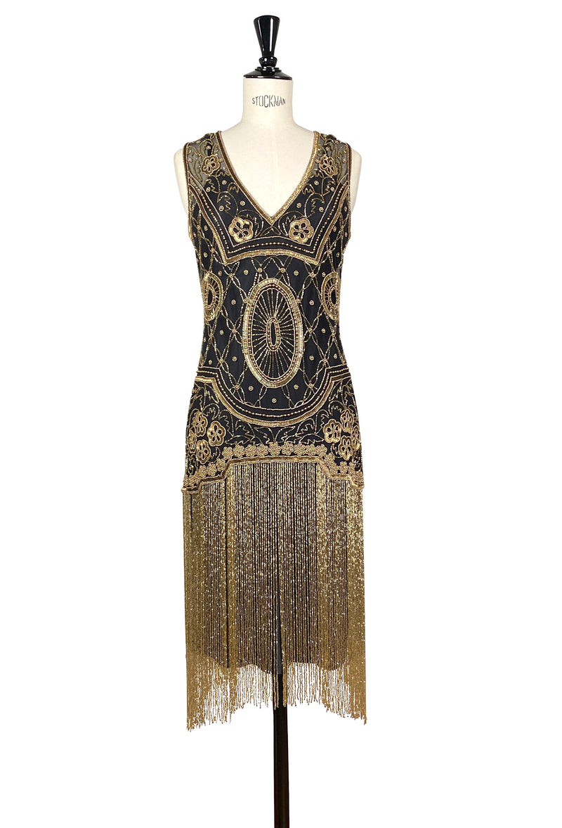 1920s Gatsby Flapper Fringe Party Dress - The Lulu - Gold on Black