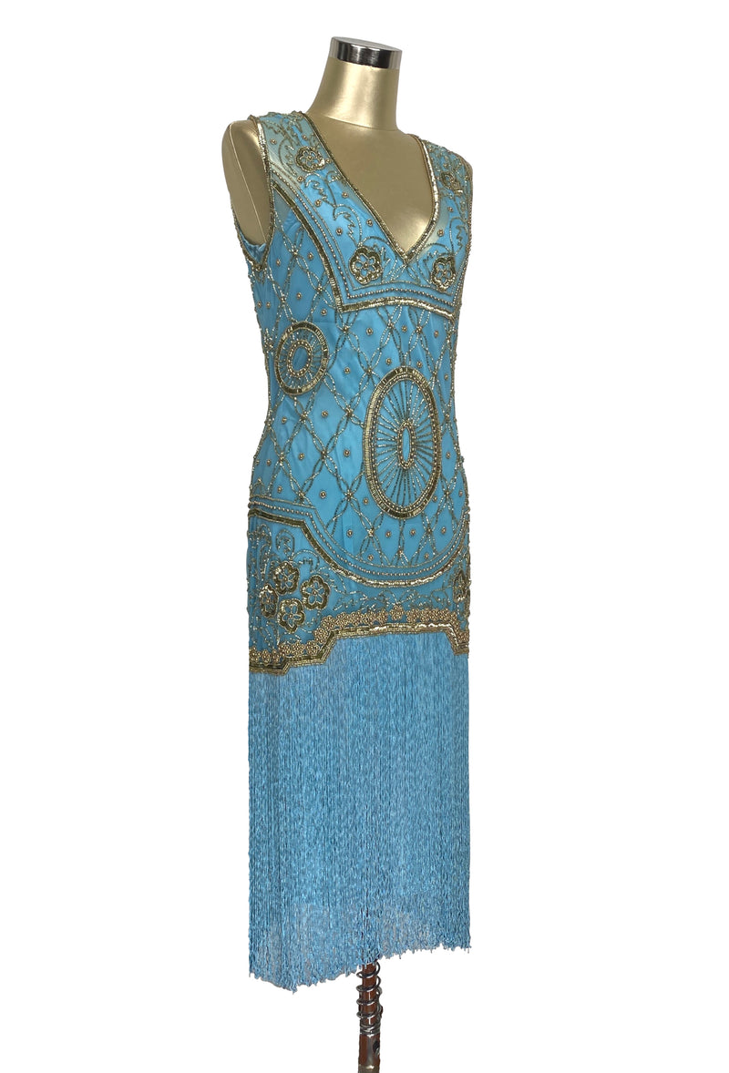 1920s Gatsby Flapper Fringe Party Dress - The Lulu - Gold on Turquoise