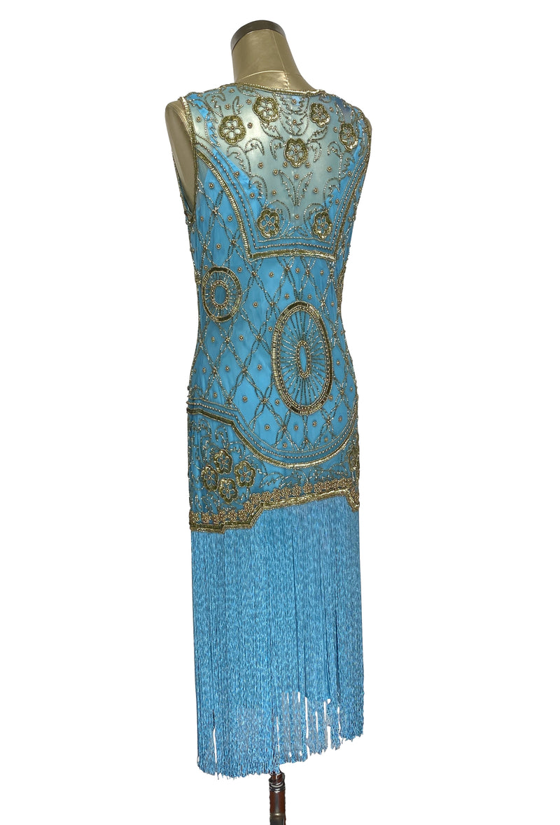 1920s Gatsby Flapper Fringe Party Dress - The Lulu - Gold on Turquoise