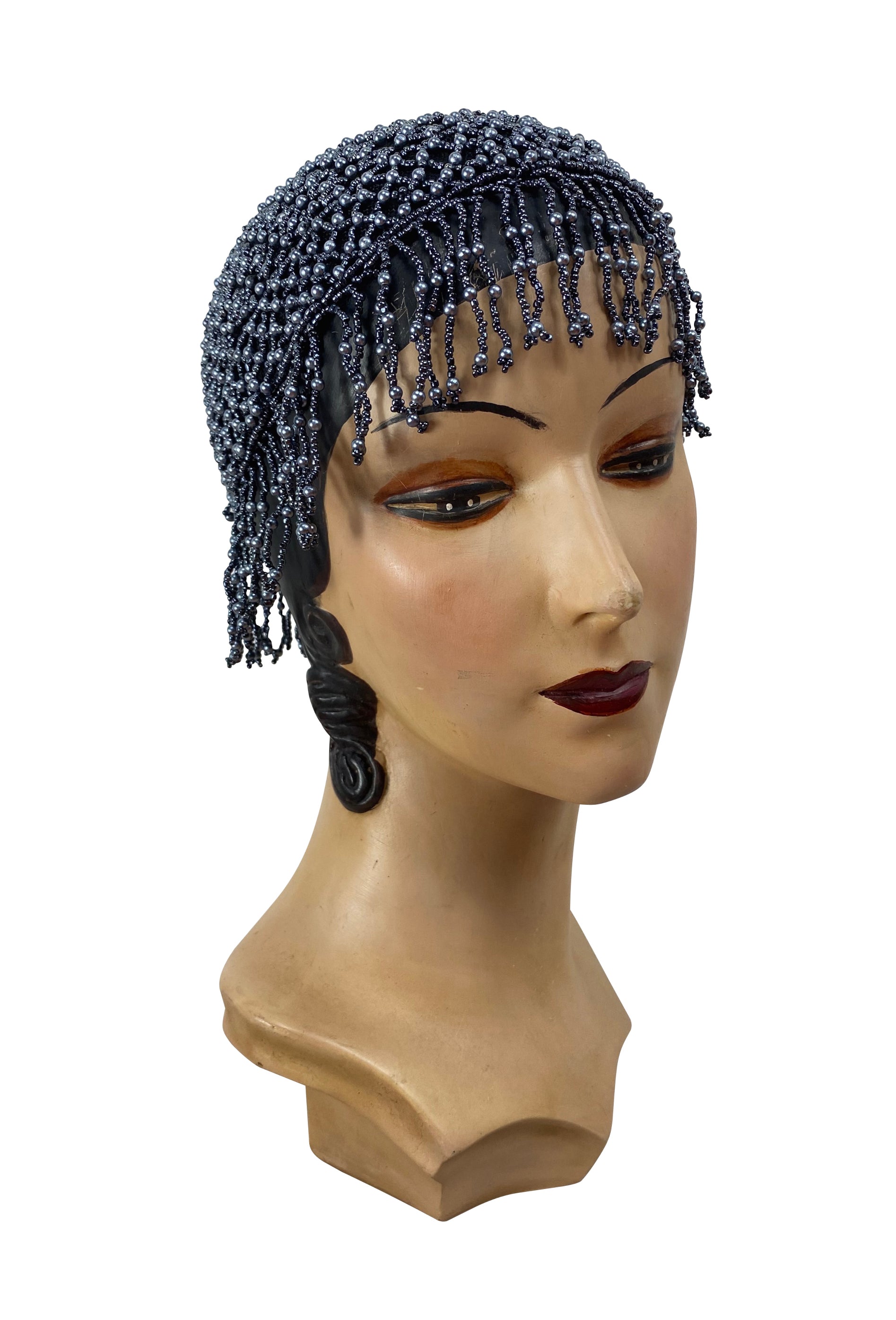 1920s Hand Beaded Gatsby Lattice Flapper Party Cap - Short Fringe - Pewter