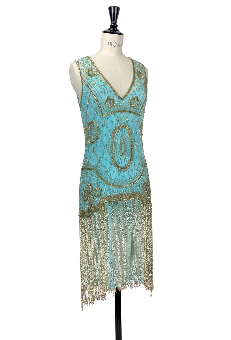 1920s Gatsby Flapper Beaded Fringe Party Dress - The Lulu - Gold on Turquoise