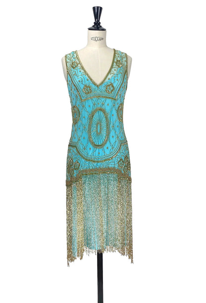 1920s Gatsby Flapper Beaded Fringe Party Dress - The Lulu - Gold on Turquoise L/XL 1920s Gatsby Flapper Beaded Fringe Party Dress - The Lulu - Gold on Turquoise L/XL