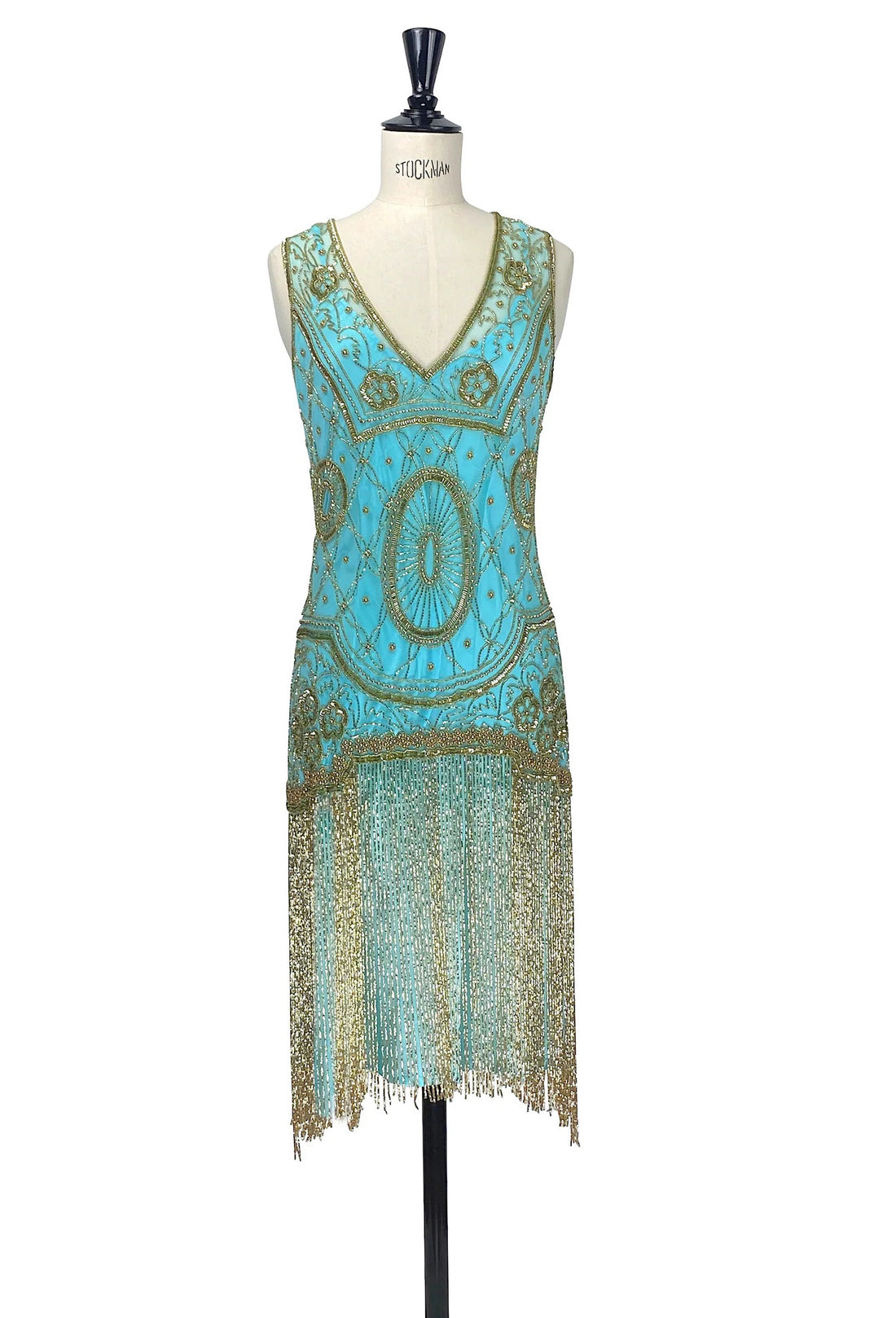 1920s Gatsby Flapper Beaded Fringe Party Dress - The Lulu - Gold on Turquoise The Deco Haus
