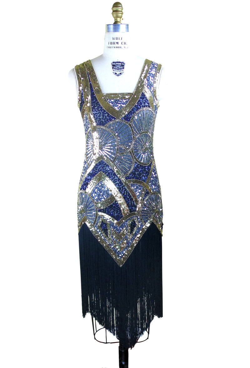 1920s Vintage Flapper Fringe Deco Gown - The Kismet - Sapphire The Deco Haus