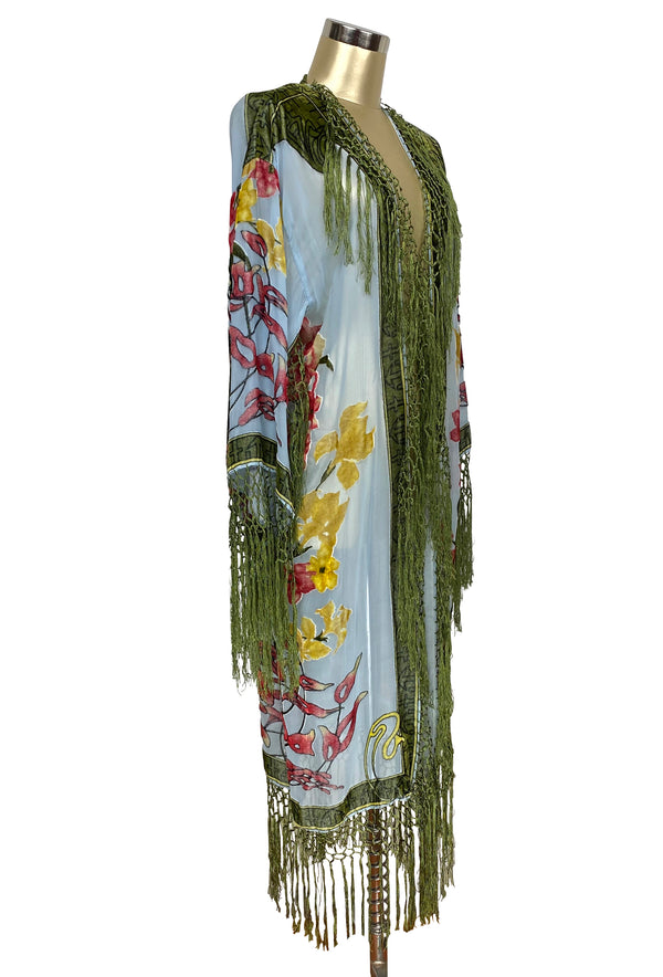 1930's Art Deco Kimono Scarf Long Jacket - Mucha Helena - Sky Blue Silk Velvet