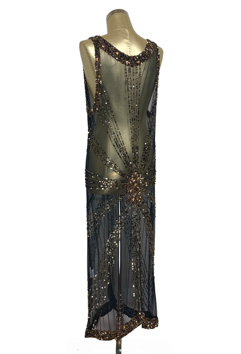 1930's Art Deco Panel Liquid Full-Length Overlay Gown - The Sunray - Black Bronze