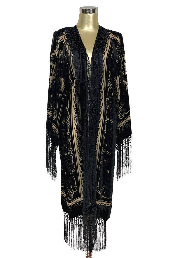 1930's Art Deco Silk Velvet Kimono Scarf Coat - Black Lace