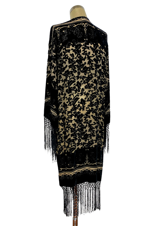 1930's Art Deco Silk Velvet Kimono Scarf Coat - Black Lace