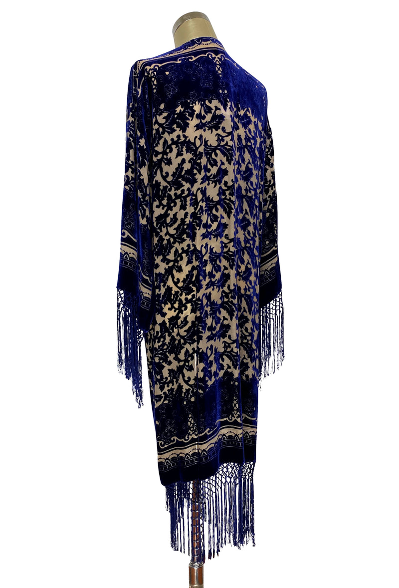 1930's Art Deco Silk Velvet Kimono Scarf Coat - Cobalt Lace