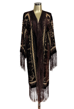 1930's Art Deco Silk Velvet Kimono Scarf Coat - Mocha Lace