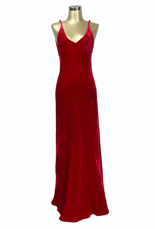 1930's Bias Glamour Full Length Gatsby Crushed Velvet Maxi Slip Dress - Lipstick Red