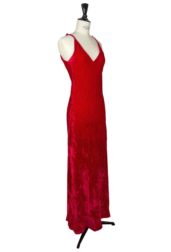 1930's Bias Glamour Full Length Gatsby Crushed Velvet Maxi Slip Dress - Lipstick Red