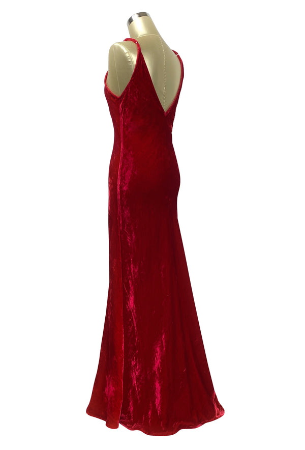 1930's Bias Glamour Full Length Gatsby Crushed Velvet Maxi Slip Dress - Lipstick Red