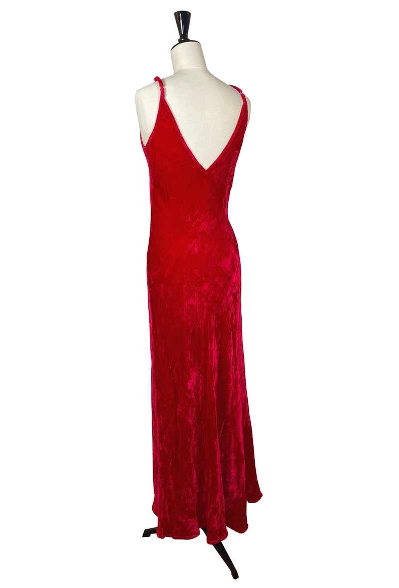 1930's Bias Glamour Full Length Gatsby Crushed Velvet Maxi Slip Dress - Lipstick Red