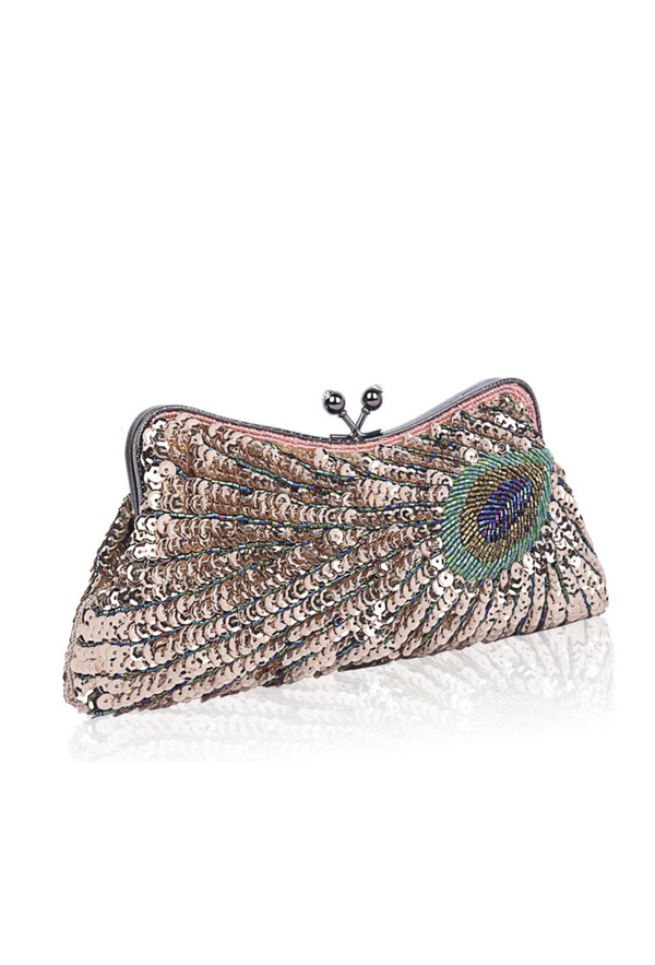 1930's Inspired Art Deco Beaded Beaded Peacock Evening Purse - Rose Gold