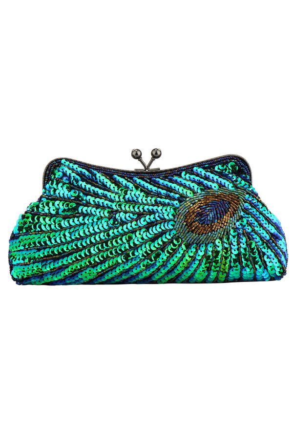 1930's Inspired Art Deco Beaded Evening Purse - Peacock Green