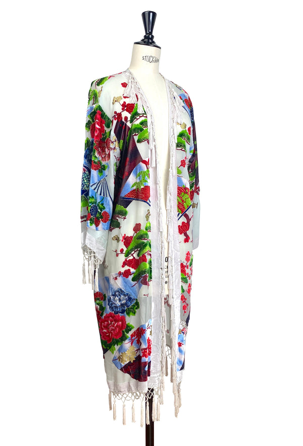 1930's Silk Velvet Tassel Vintage Oriental Peacock Floral Jacket - White