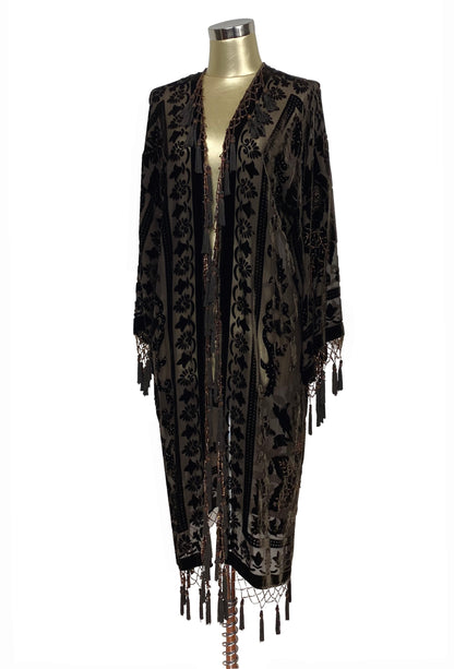 Vintage Silk Victorian Rose Evening Kimono - Espresso Brown