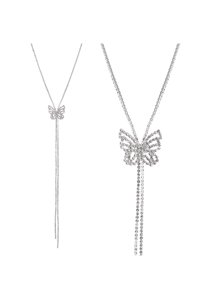 Silver-toned rhinestone butterfly slider necklace with dangling chain tassels