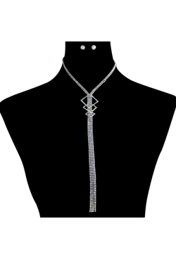 1930's Style Geometric Rhinestone Tassel Necklace - Silver