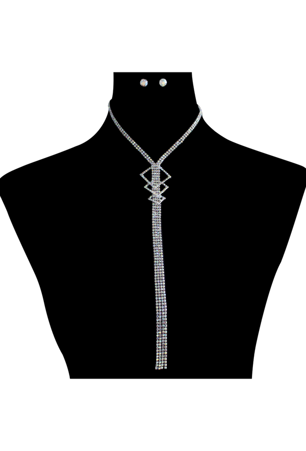 1930's Style Geometric Rhinestone Tassel Necklace - Silver