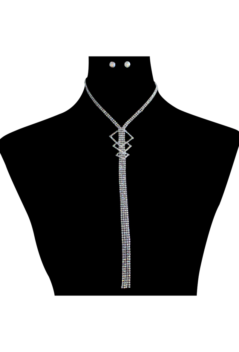 1930's Style Geometric Rhinestone Tassel Necklace - Silver