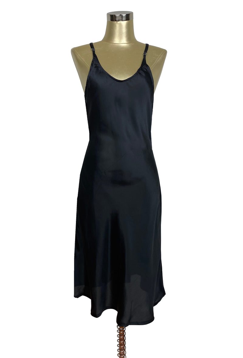 1930's Style Satin Bias Gatsby Midi Slip Dress - Black
