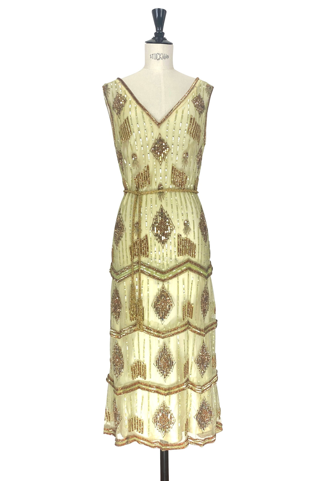 Lime-green sequin V-neck sleeveless dress with geometric diamond and chevron pattern