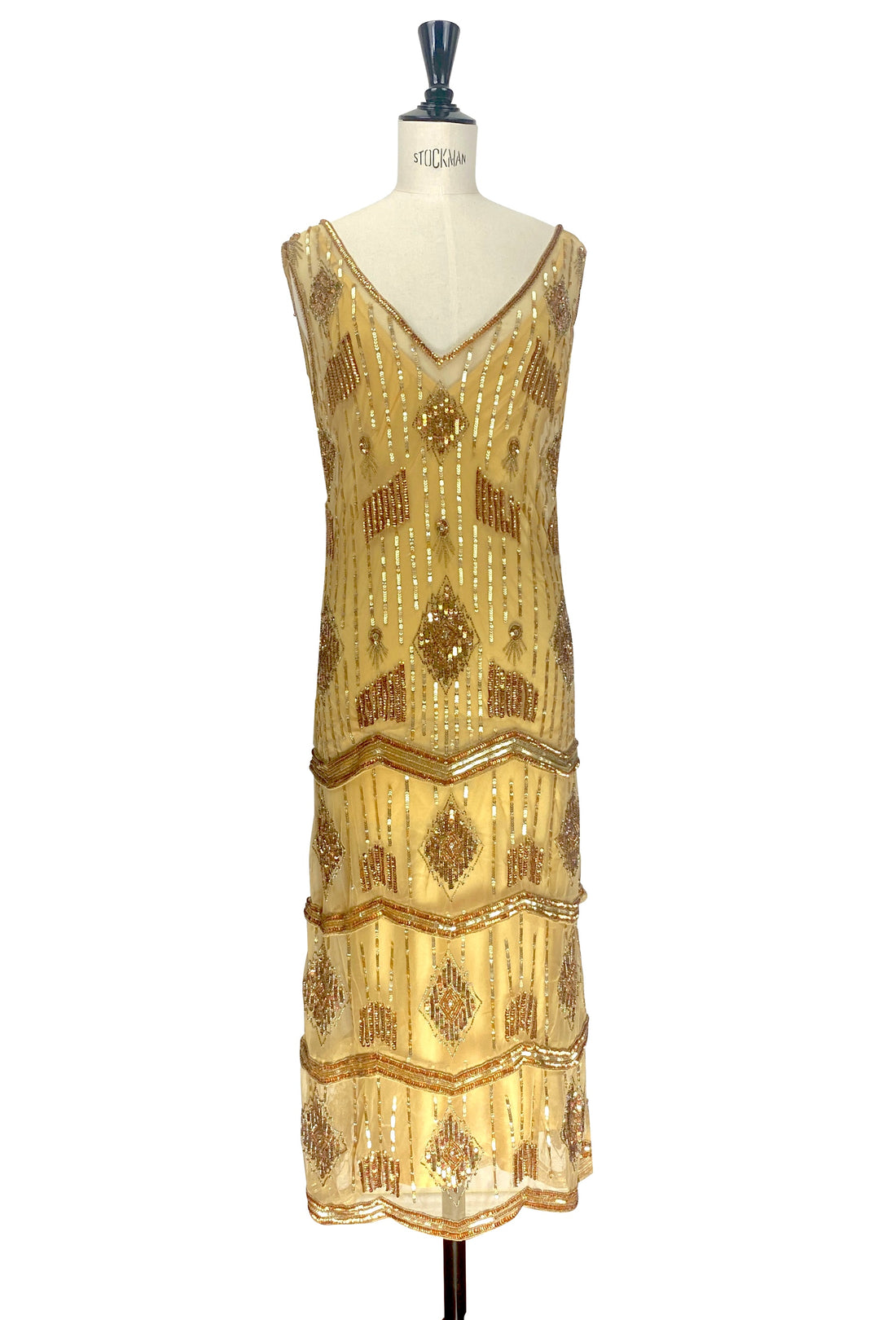 Gold art deco sequin evening gown with V-neck and tiered beaded panels