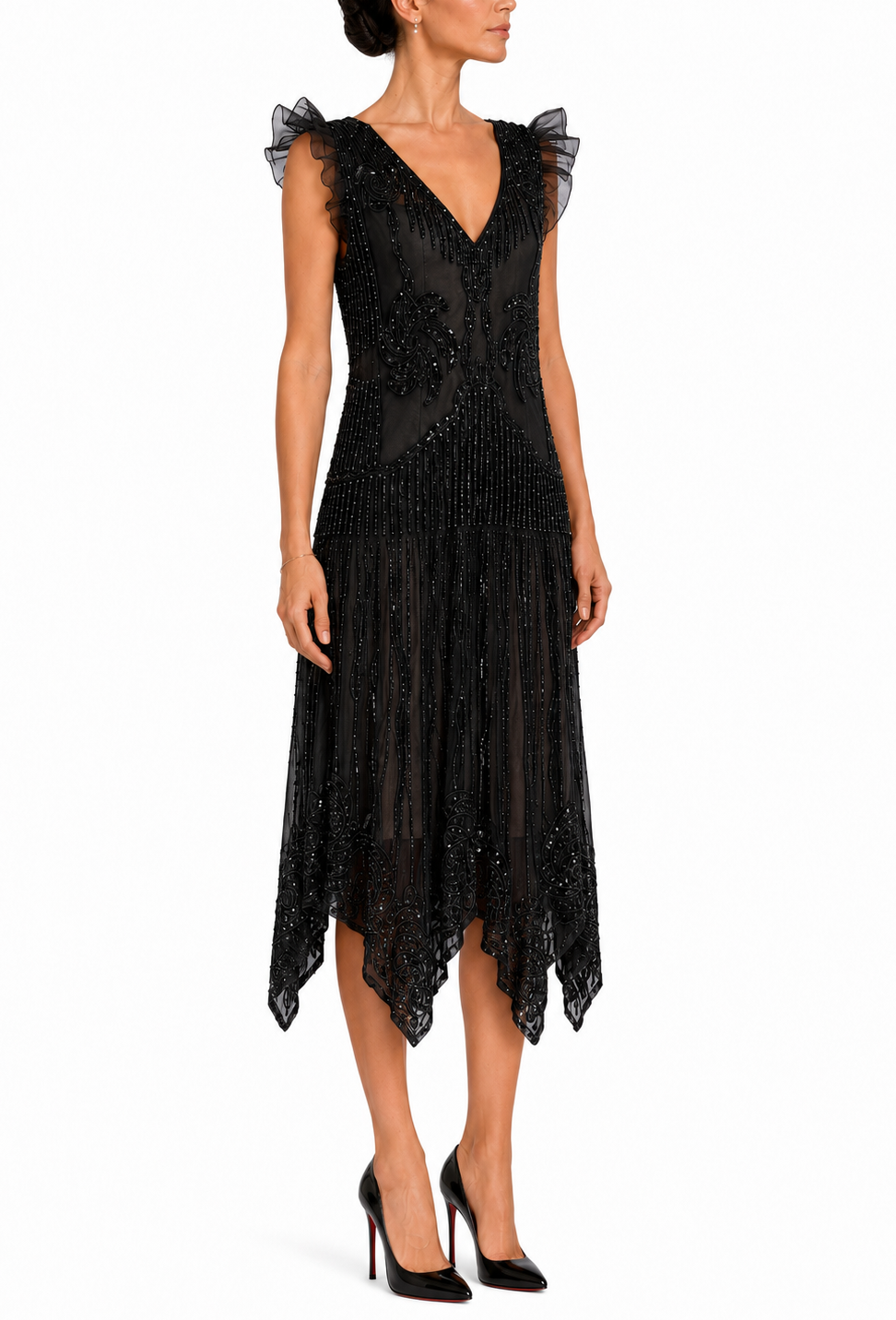 Black sequin V-neck midi dress with ruffled cap sleeves and layered asymmetrical skirt