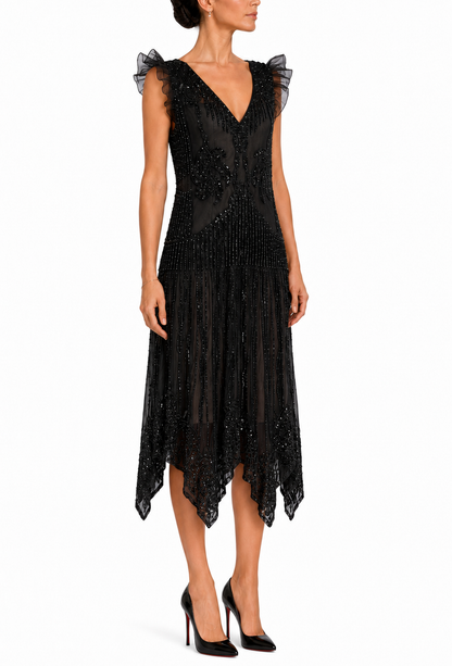 Black sequin V-neck midi dress with ruffled cap sleeves and layered asymmetrical skirt