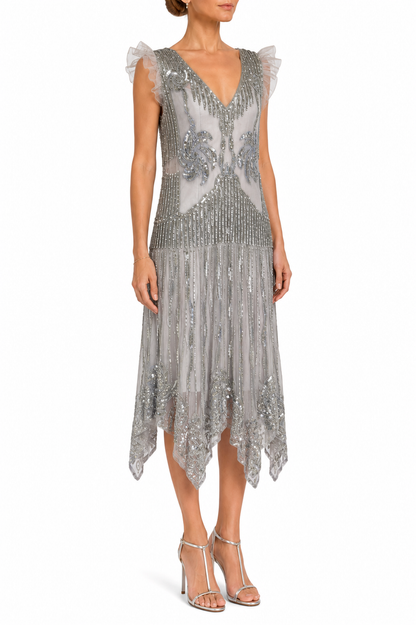 silver art deco dress Long Prom Dress with Art-Deco Beads