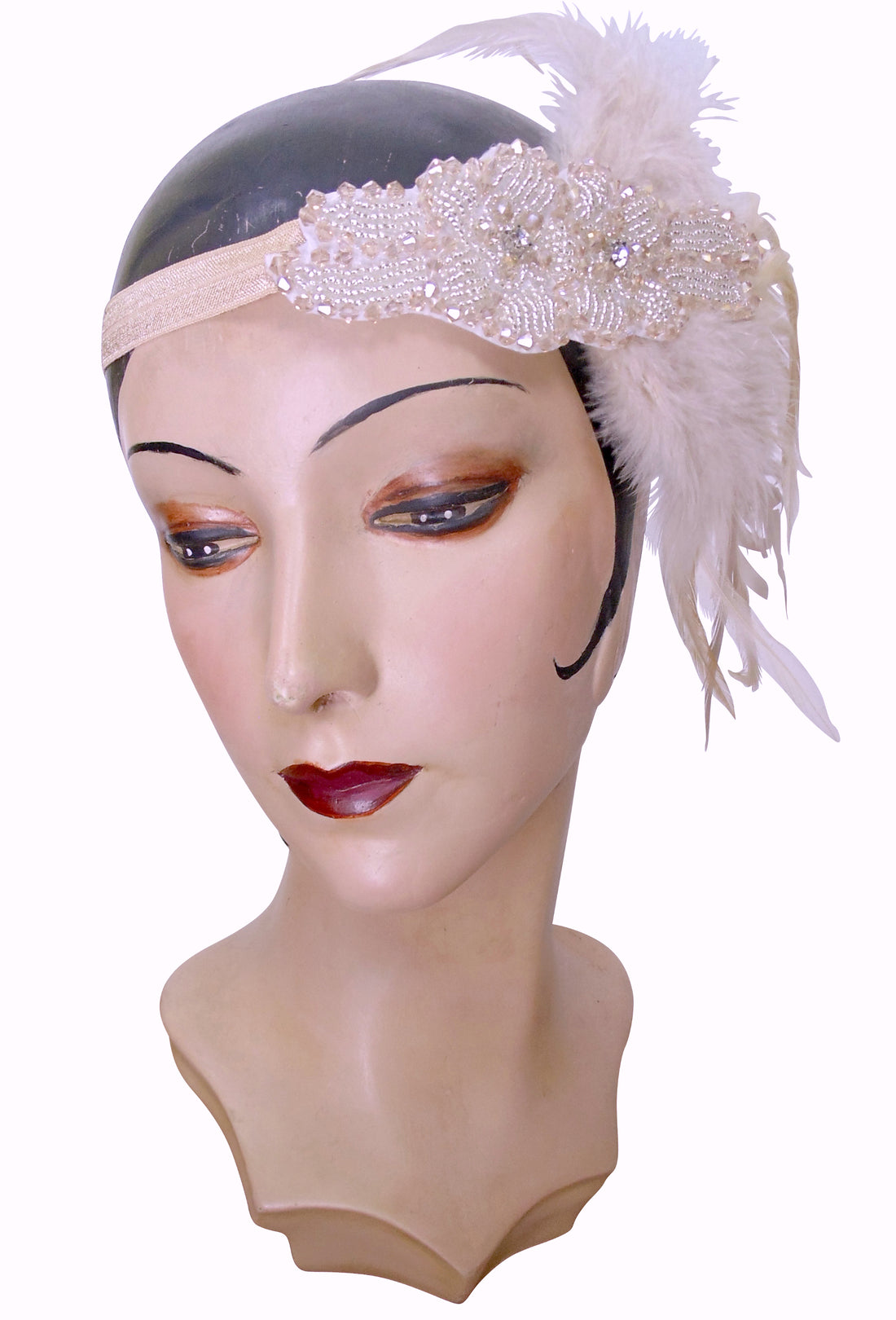 Peach Champagne Luxe Feather Art Deco Vintage Style Wedding Headband Bandeau