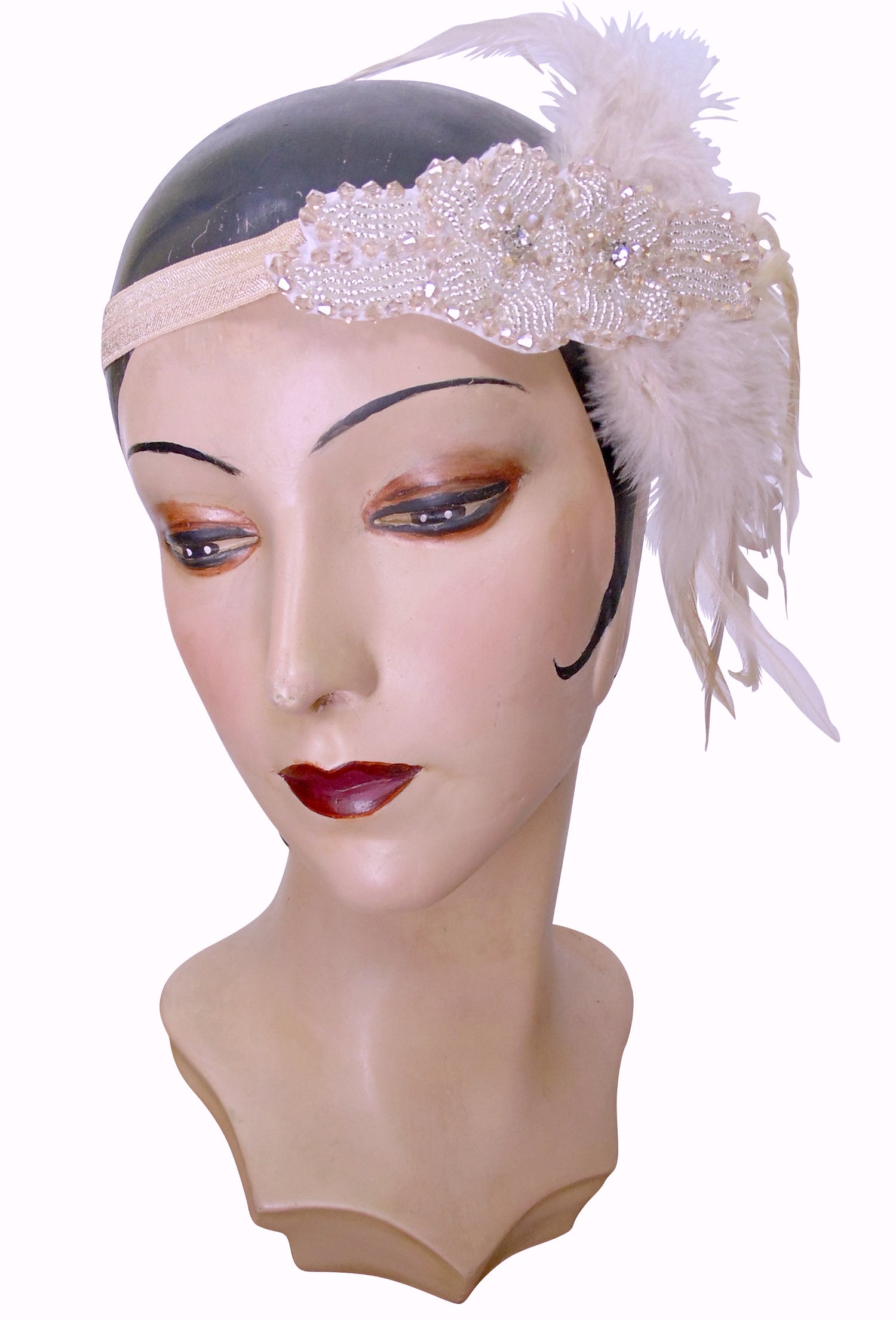 Peach Champagne Luxe Feather Art Deco Vintage Style Wedding Headband Bandeau