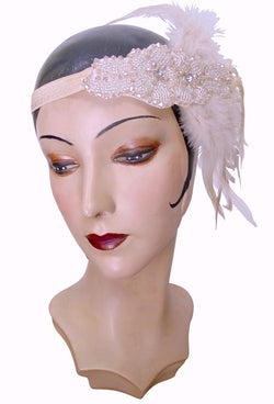 Peach Champagne Luxe Ostrich Art Deco Vintage Style Wedding Headband Bandeau