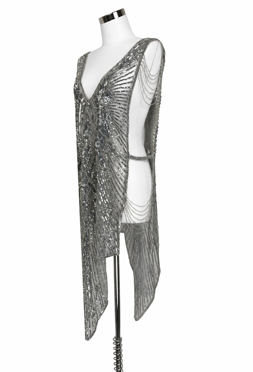 Silver sequin overlay gown with draped side panels, one-shoulder style