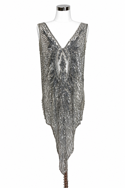Silver sequin overlay gown, V-neck sleeveless with beaded fringe hem