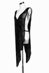 Black sequin overlay gown with one-shoulder drape and chain-like side chains