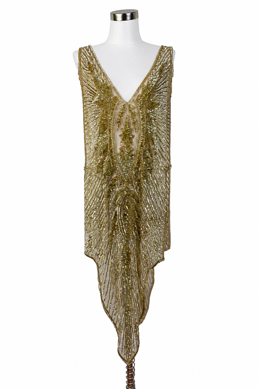 Gold sequin shift-style gown with V neckline and asymmetrical draped hem