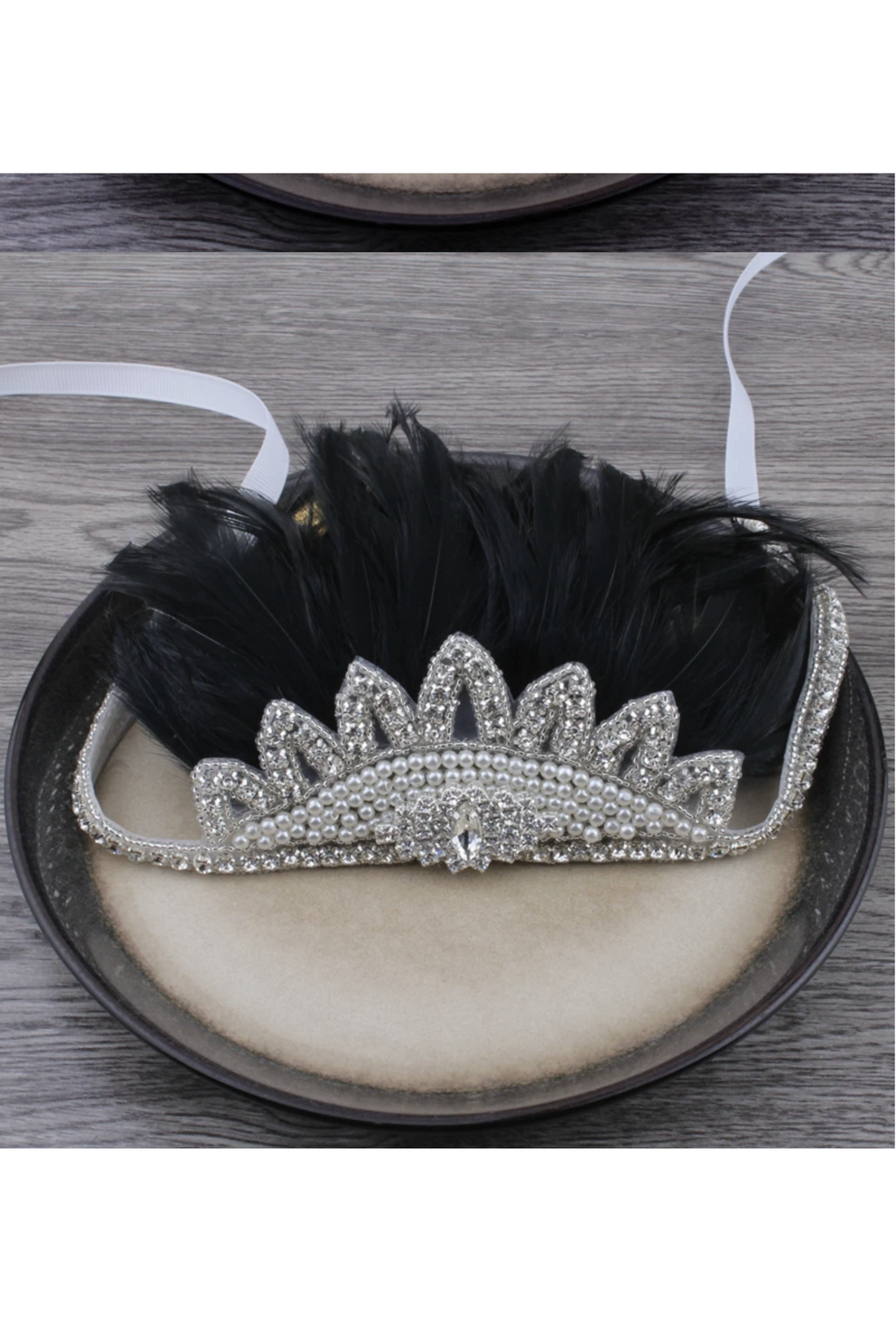 Crown Ostrich Art Deco Vintage Style Wedding Headband - Black The Deco Haus